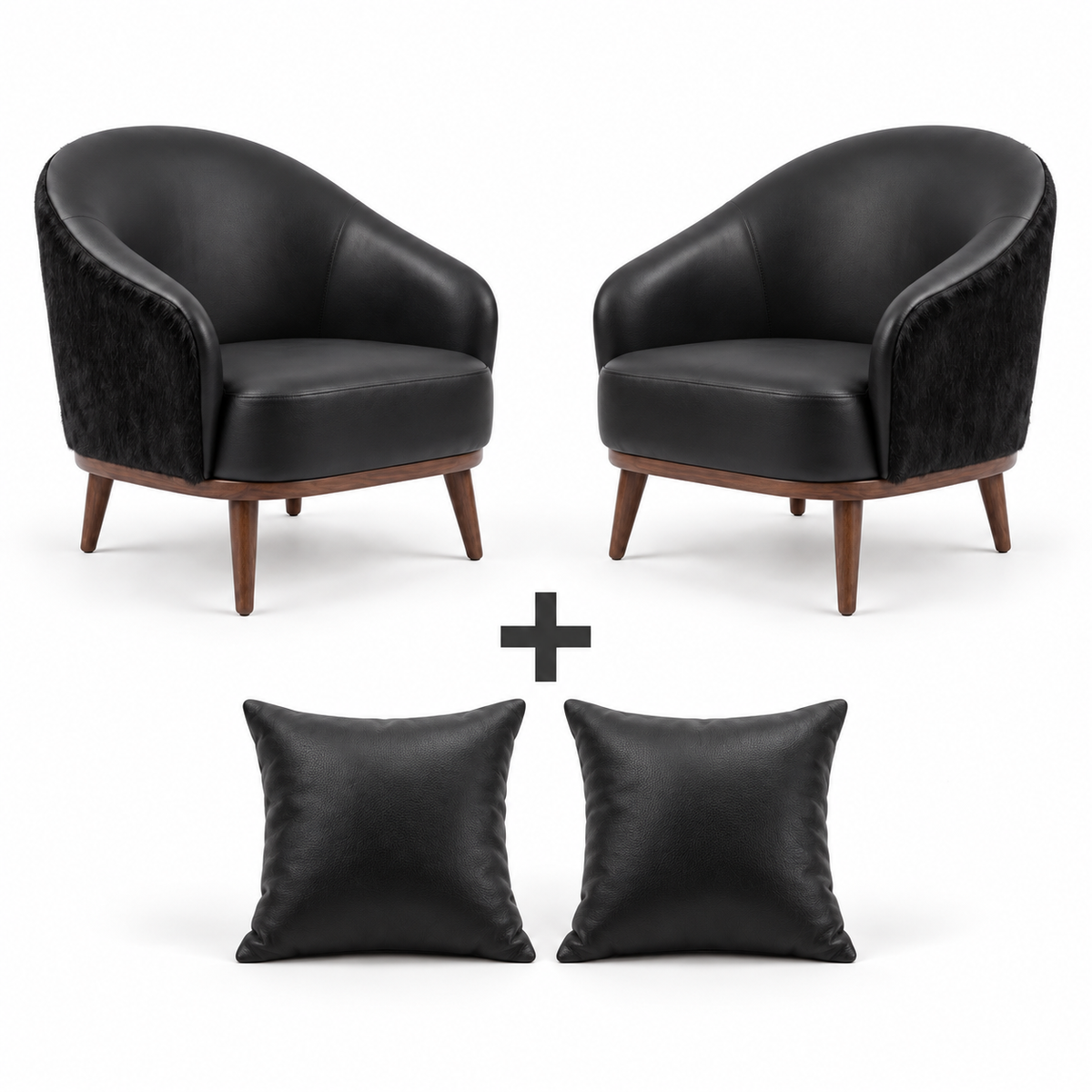 Conjunto com 2 Poltronas Paris Preta e 2 almofadas no mesmo acabamento