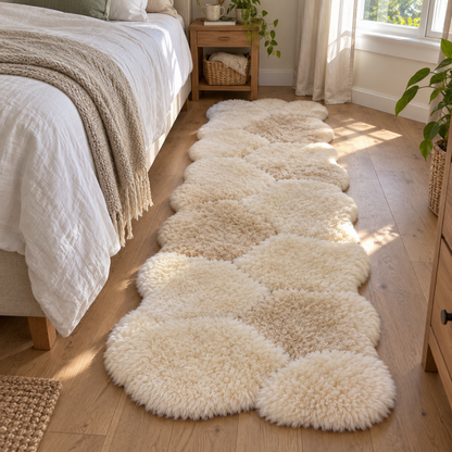Passadeira de Pelego Natural ao lado da cama