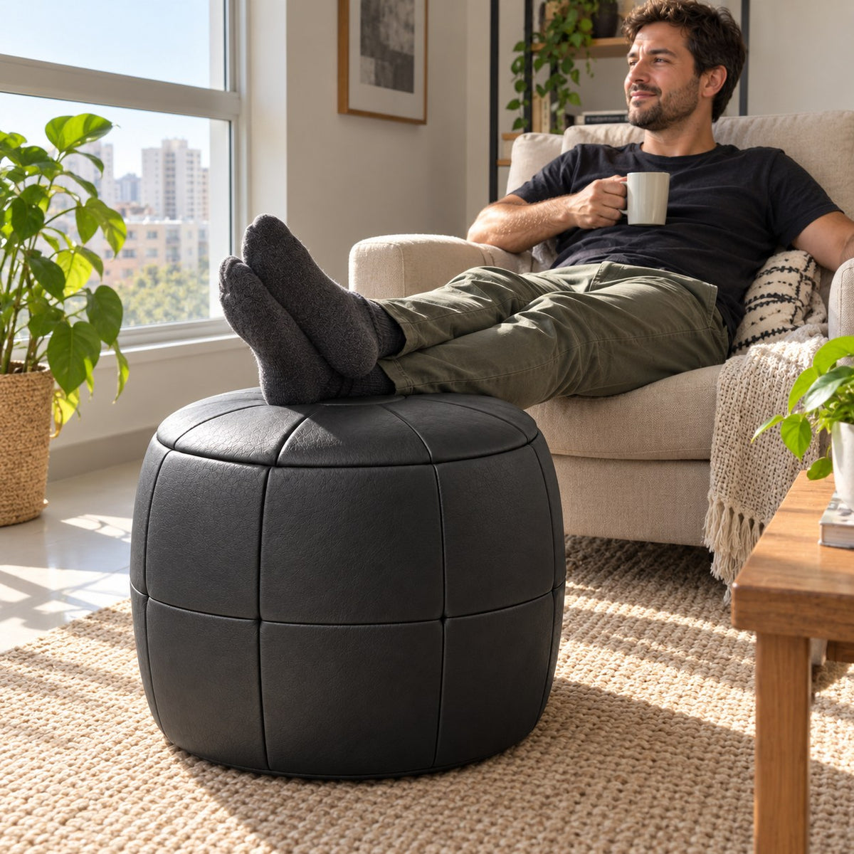 Puff Pipa Preto Grafite em Couro Natural Premium 40x40cm — lifestyle com pessoa usando o puff em ambiente residencial claro