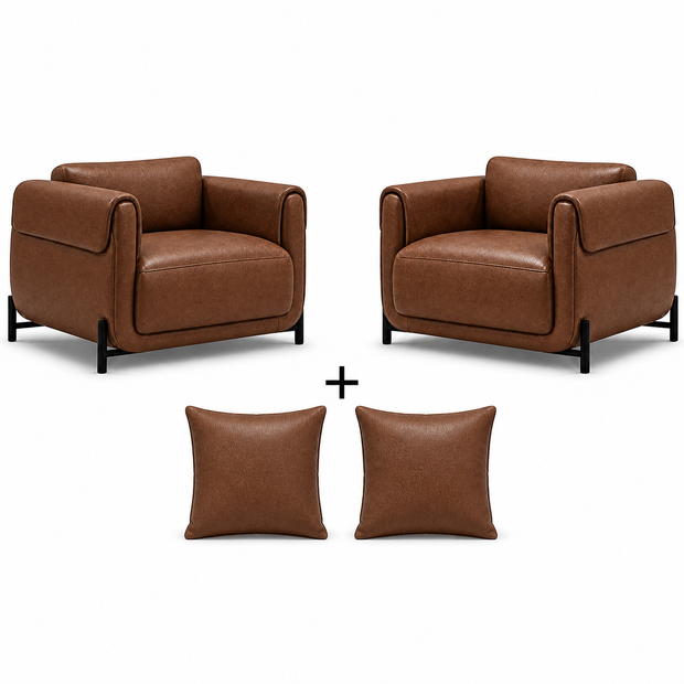 Poltrona de Couro Legítimo Plush Tabaco com Base em Aço Carbono — versão 2 Poltronas + 2 Almofadas