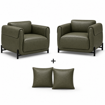 Conjunto Poltrona Plush Verde Oliva com 2 poltronas e 2 almofadas da mesma cor