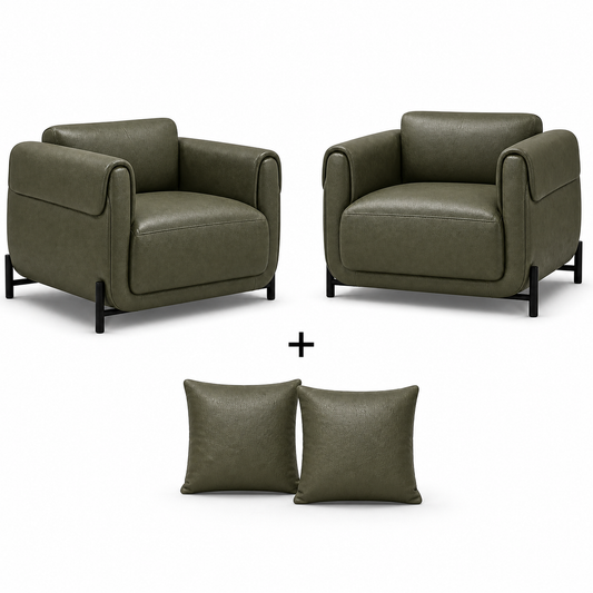 Conjunto Poltrona Plush Verde Oliva com 2 poltronas e 2 almofadas da mesma cor