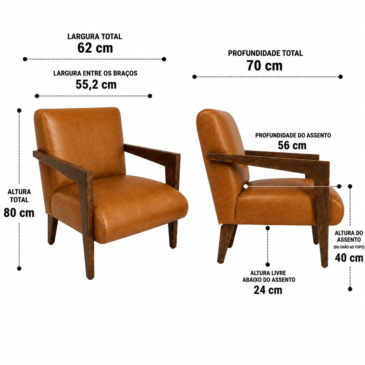 Medidas da Poltrona de Couro Bovino Marrom: largura 62 cm, profundidade 70 cm, altura 80 cm