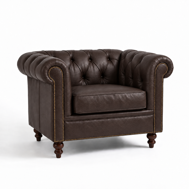 Poltrona Inglesa Chesterfield Café em Couro Premium Texturizado — versão 1 Poltrona