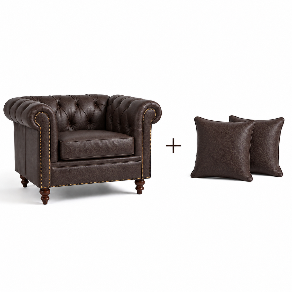 Poltrona Inglesa Chesterfield Café em Couro Premium Texturizado com duas almofadas