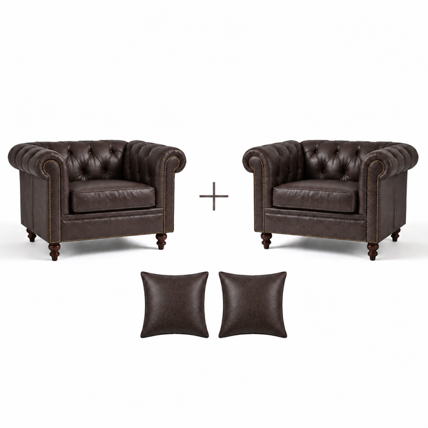 Poltrona Inglesa Chesterfield Café em Couro Premium Texturizado — versão 2 Poltronas + 2 Almofadas