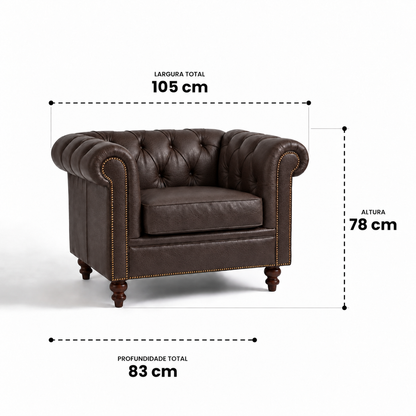 Medidas da poltrona Chesterfield Café: 105 cm de largura, 83 cm de profundidade, 78 cm de altura