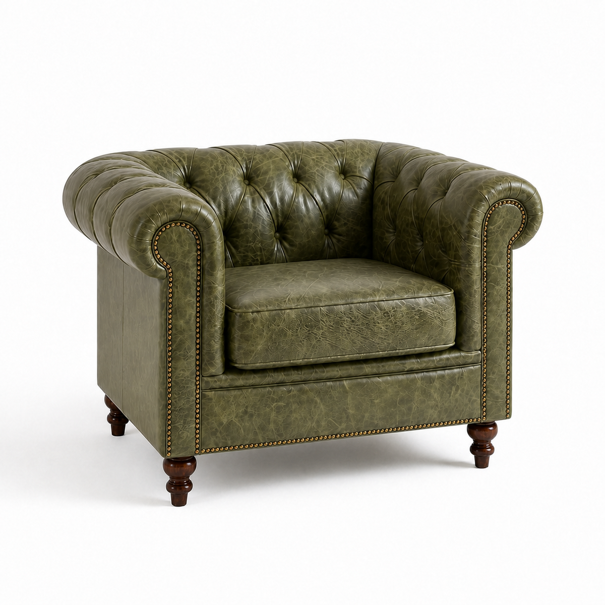 Poltrona Inglesa Chesterfield Verde Esmeralda em couro premium — vista em três quartos em fundo branco