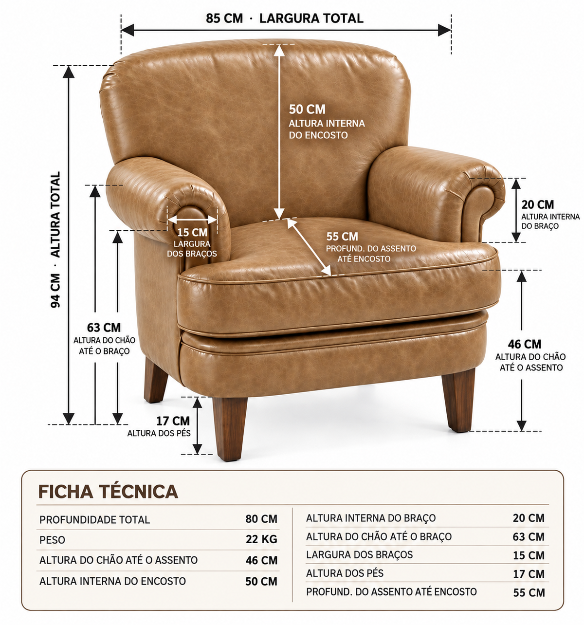 Poltrona Kansas Caramelo em Couro Legítimo — infográfico de medidas
