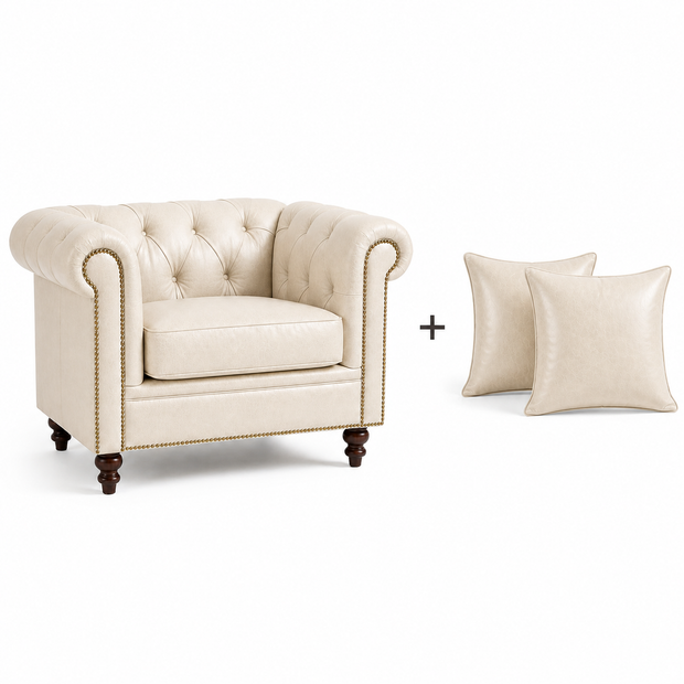 Poltrona Inglesa Chesterfield Marfim em Couro Bovino Natural Legítimo — versão Poltrona + 2 Almofadas