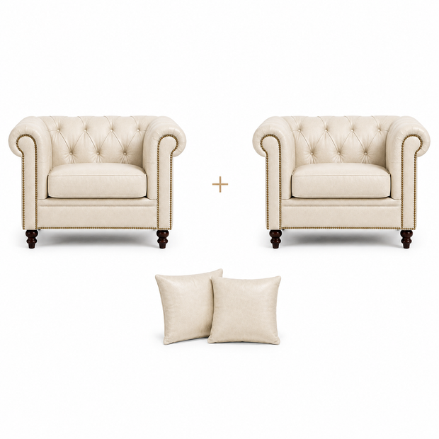 Poltrona Inglesa Chesterfield Marfim em Couro Bovino Natural Legítimo — versão 2 Poltronas + 2 Almofadas