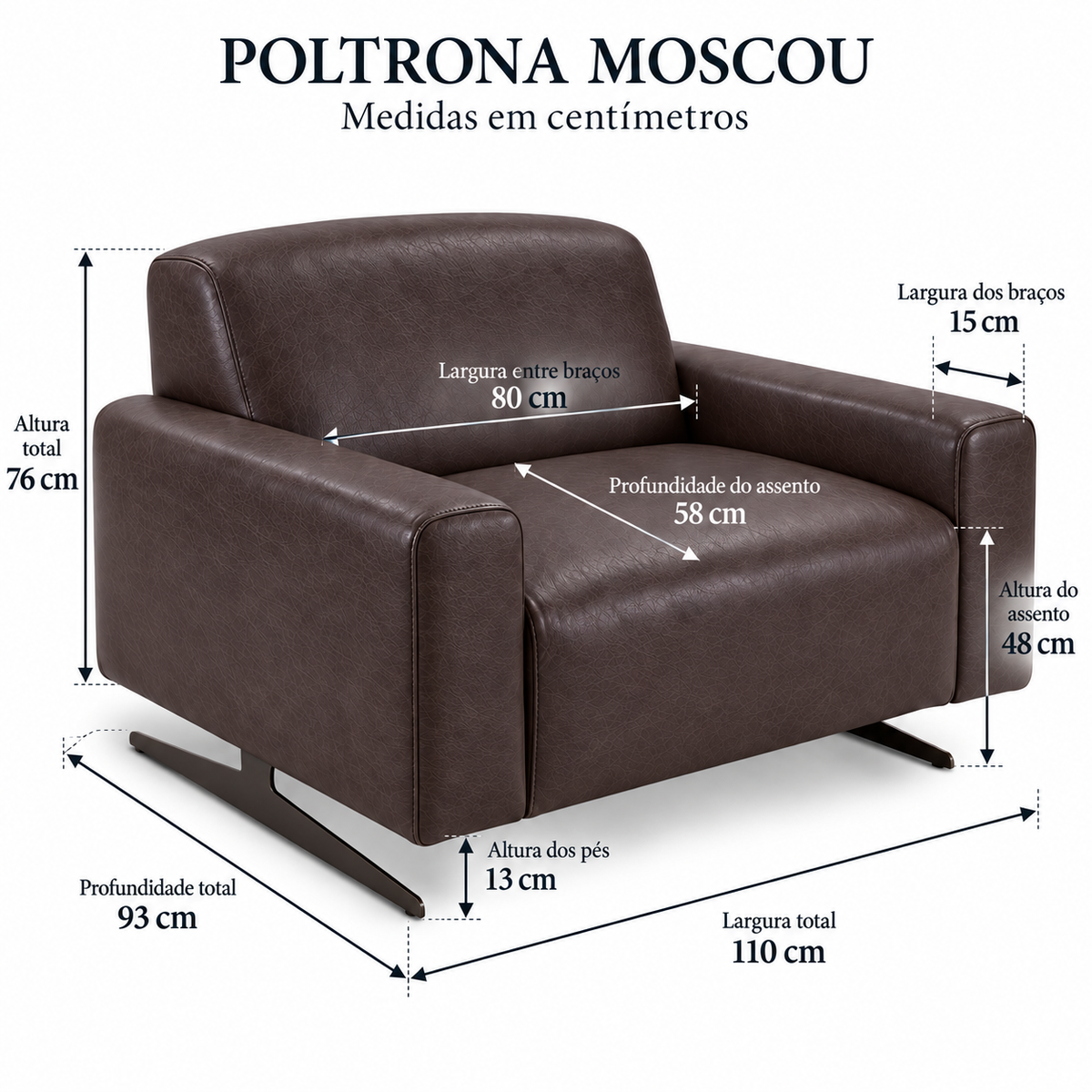 Poltrona Moscou em Couro Legítimo Café | DECOURO - Pronta Entrega — medidas da poltrona