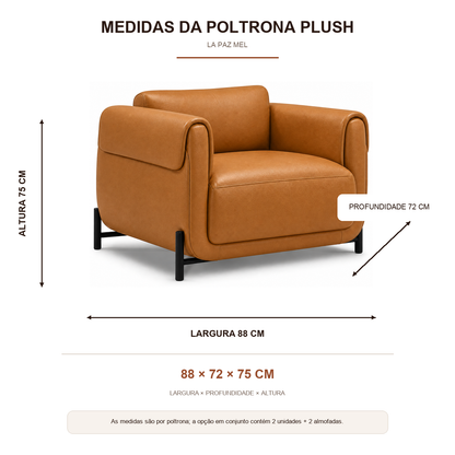 Medidas da Poltrona Plush Mel em Couro Premium: 88 cm de largura, 72 cm de profundidade e 75 cm de altura