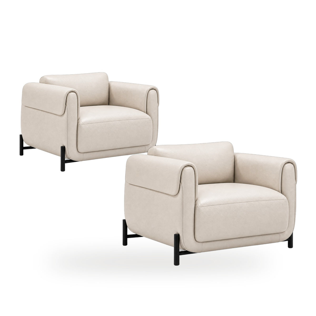 Poltrona Plush Marfim em couro legítimo com base em aço carbono — conjunto com 2 poltronas