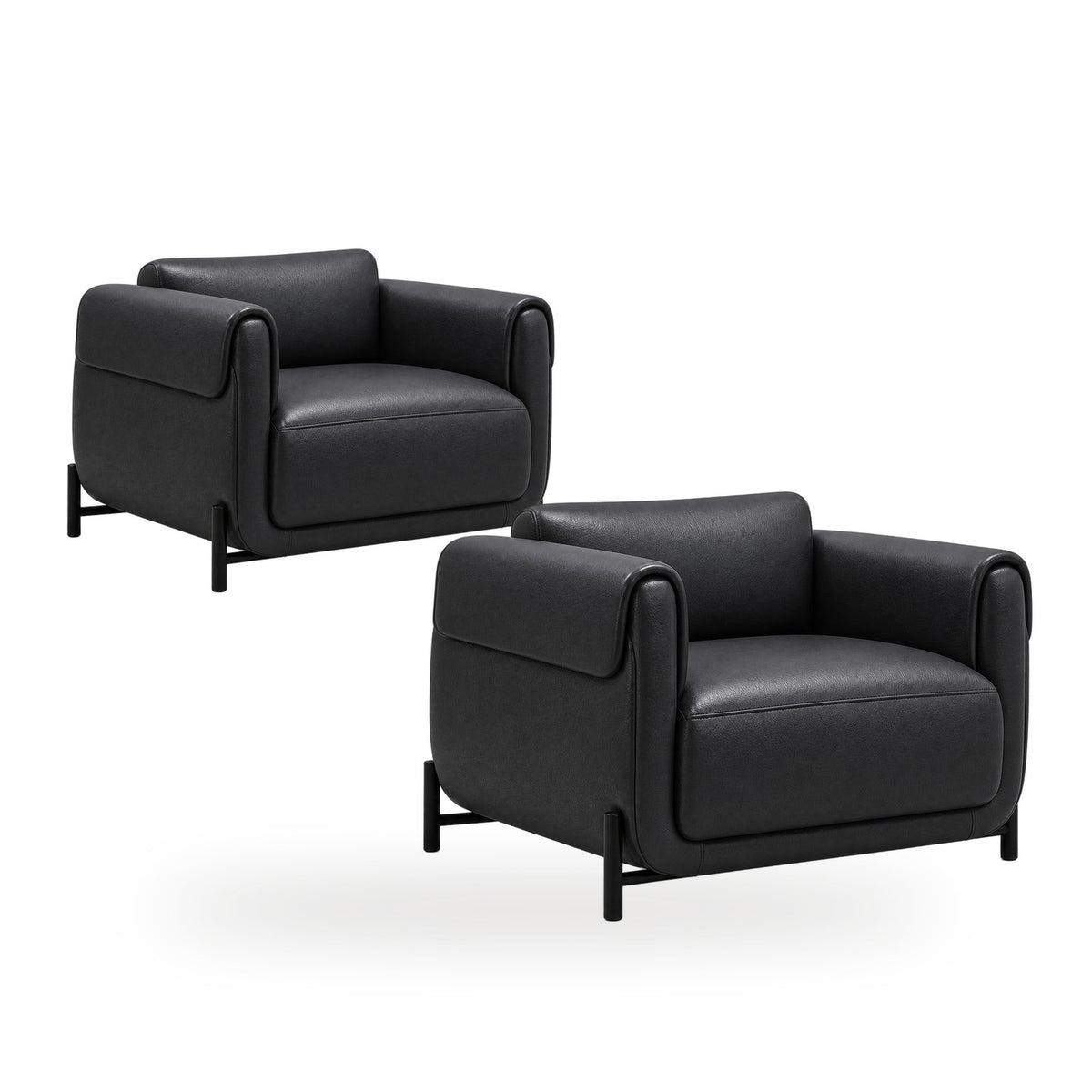 Poltrona Plush Preto Grafite em couro legítimo com base em aço carbono — conjunto com 2 poltronas