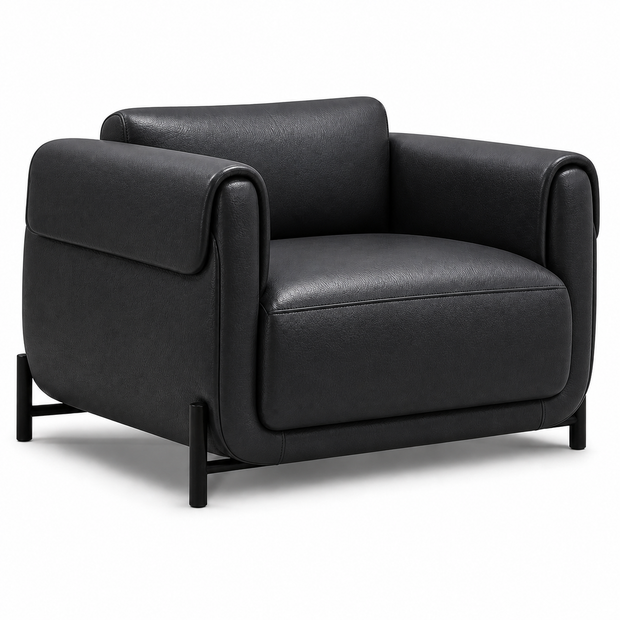 Poltrona Plush Preto Grafite em Couro Legítimo, Base Aço Carbono — versão 1 Poltrona
