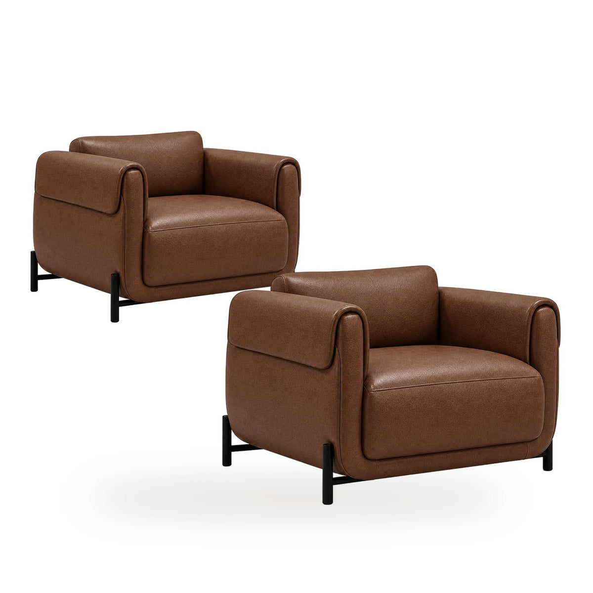 Poltrona Plush Tabaco em couro legítimo com base em aço carbono — conjunto com 2 poltronas