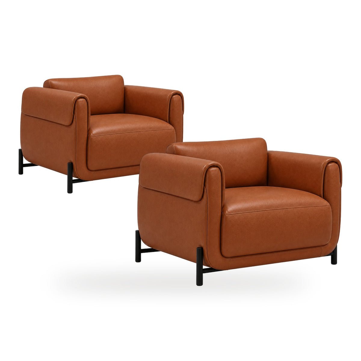 Poltrona Plush Terracota em couro legítimo com base em aço carbono — conjunto com 2 poltronas