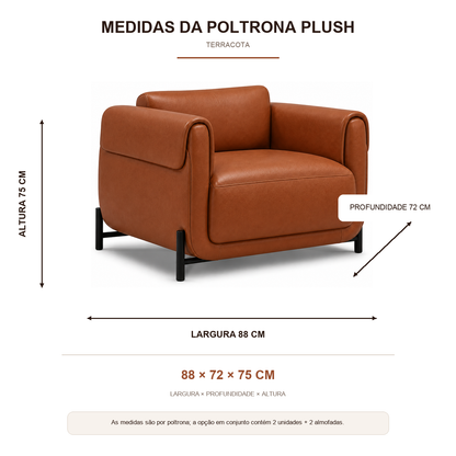 Medidas da Poltrona Plush Terracota: 88 cm de largura, 72 cm de profundidade e 75 cm de altura