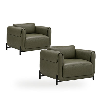 Poltrona Plush Verde Oliva em couro legítimo com base em aço carbono — conjunto com 2 poltronas