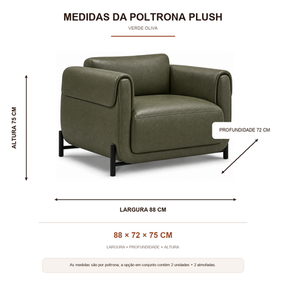 Medidas da Poltrona Plush Verde Oliva: 88 cm de largura, 72 cm de profundidade e 75 cm de altura