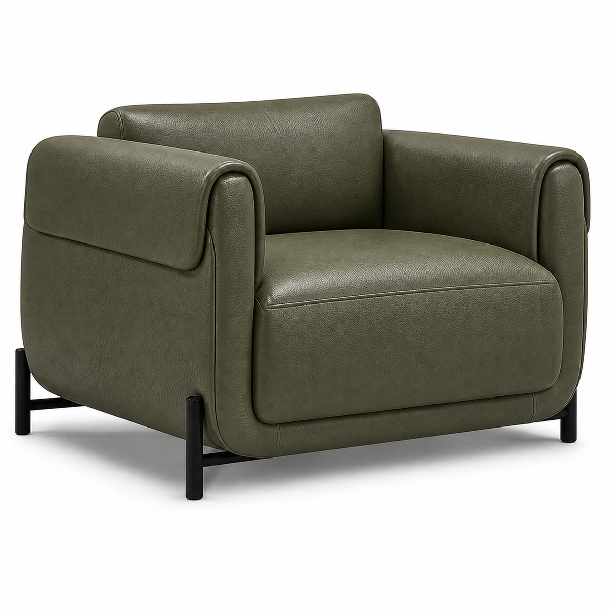 Poltrona Plush Verde Oliva em couro legítimo com base em aço carbono