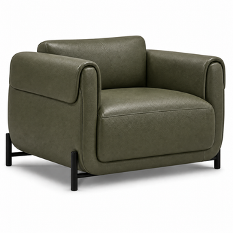 Poltrona Plush Verde Oliva em Couro Legítimo com Base em Aço Carbono