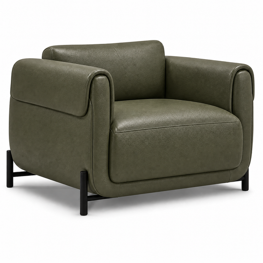 Poltrona Plush Verde Oliva em couro legítimo com base em aço carbono