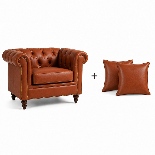 Poltrona Inglesa Chesterfield Terracota em Couro Bovino Natural Legítimo — versão Poltrona + 2 Almofadas
