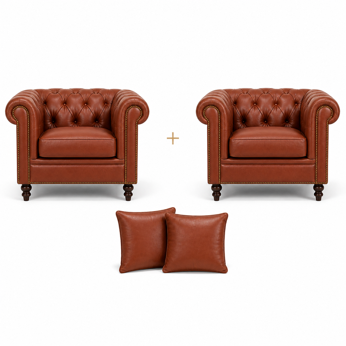 Composição de 2 Poltronas Chesterfield Terracota + 2 almofadas em couro terracota