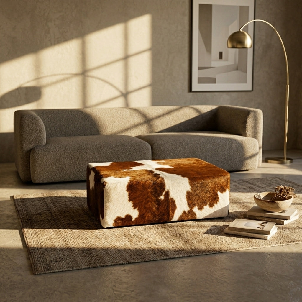 Puff de couro natural marrom e branco demonstrando estrutura e design