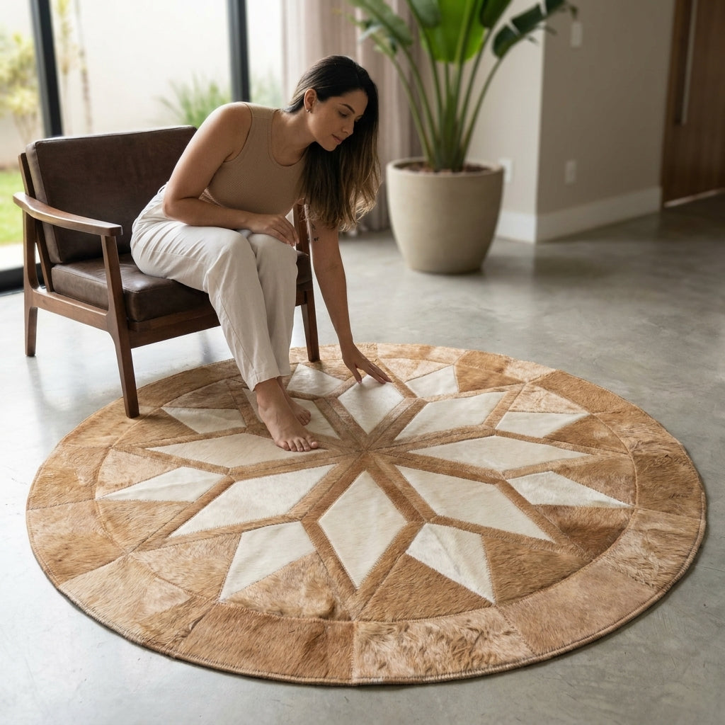 Tapete Mandala de Couro Branco e Bege – Estrela Dourada