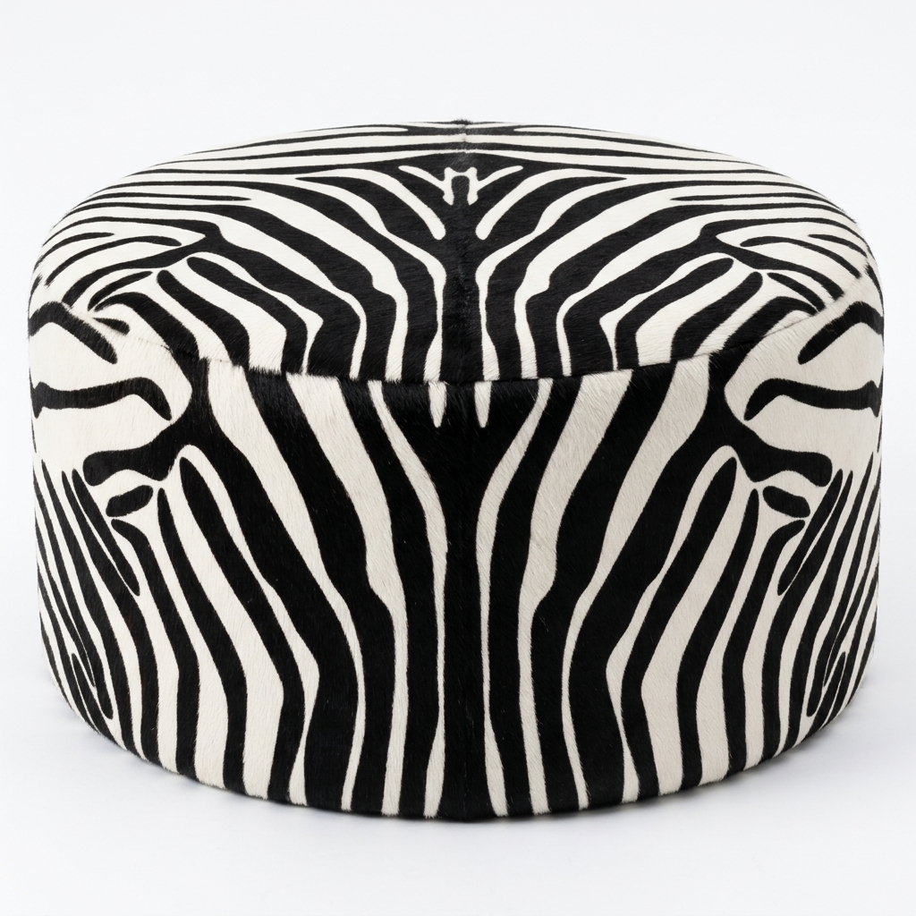 Puff Redondo Savana Zebra 60x40cm em Couro Legítimo com Serigrafia Animal Print