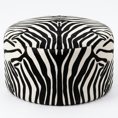 Puff Redondo Savana Zebra 60x40cm em Couro Legítimo com Serigrafia Animal Print