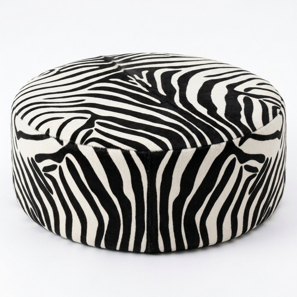 Puff Redondo em Couro Legítimo Serigrafia Zebra Tamanho Grande 80x40cm