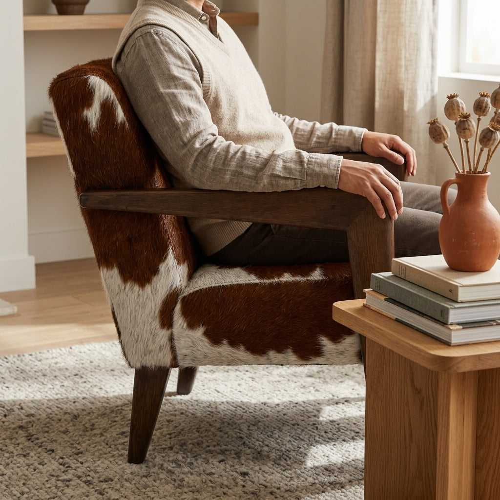 Poltrona de Couro Bovino Marrom e Branco Estilo Hereford Americano