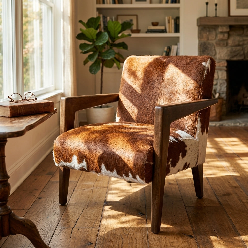 Poltrona de Couro Bovino Marrom e Branco Estilo Hereford Americano