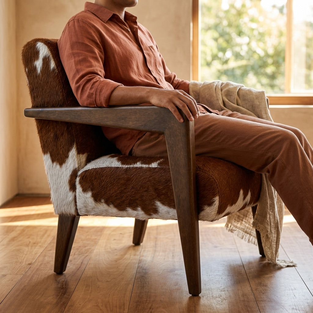 Poltrona de Couro Bovino Marrom e Branco Estilo Hereford Americano