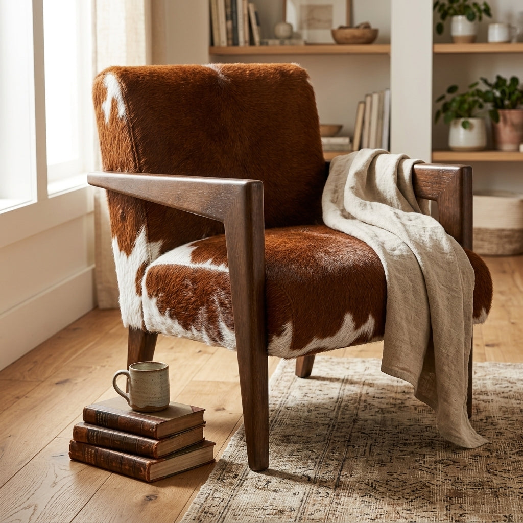 Poltrona de Couro Bovino Marrom e Branco Estilo Hereford Americano