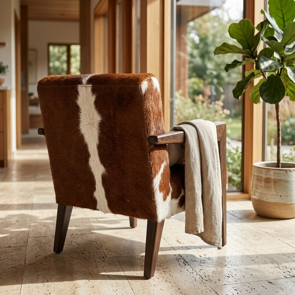 Poltrona de Couro Bovino Marrom e Branco Estilo Hereford Americano