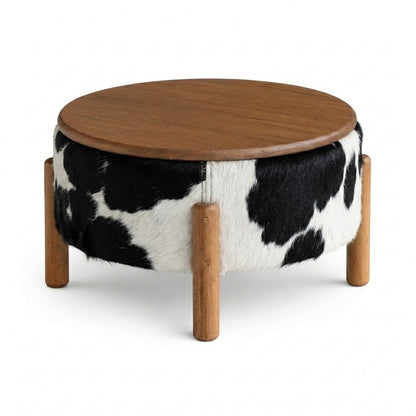 Mesa de Centro Redonda em Madeira e Couro Natural Preto e Branco Malhado 55x32cm
