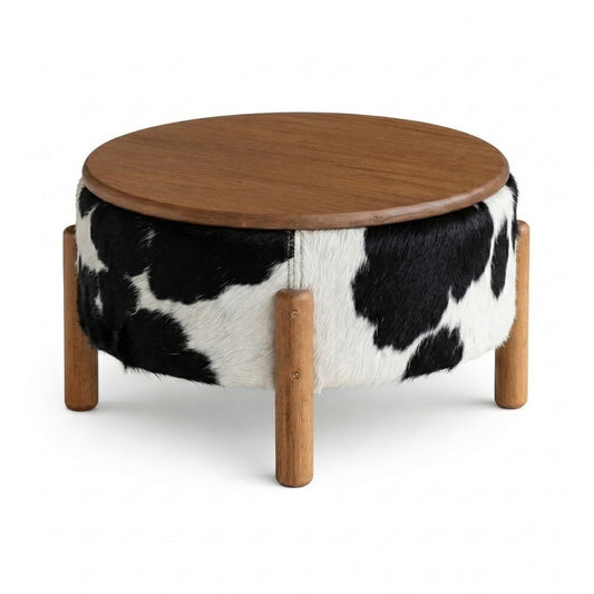 Mesa de Centro Redonda em Madeira e Couro Natural Preto e Branco Malhado 55x32cm