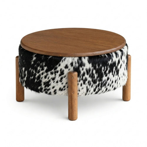 Mesa de Centro Redonda em Madeira e Couro Natural Preto e Branco Salpicado 55x32cm