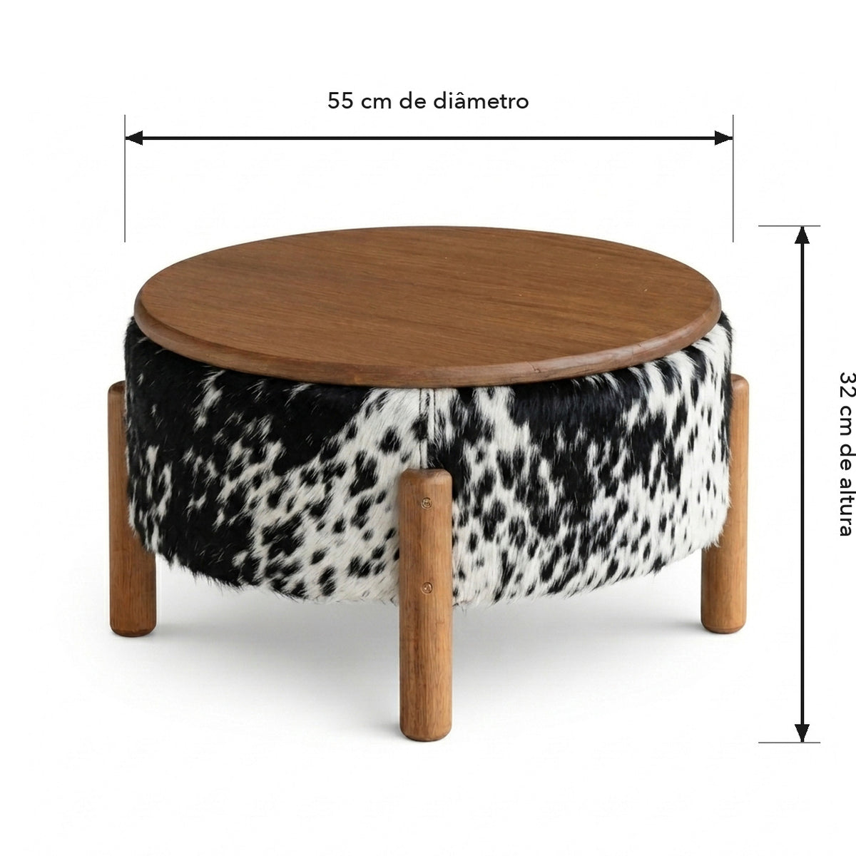 Mesa de Centro Redonda em Madeira e Couro Natural Preto e Branco Salpicado 55x32cm — 55 cm de diâmetro × 32 cm de altura