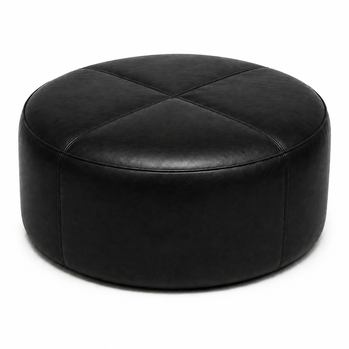 Puff Redondo em Couro Premium Liso Waxy Preto