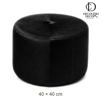 Puff Redondo em Couro Bovino Natural Preto 40x40 cm Tamanho Pequeno