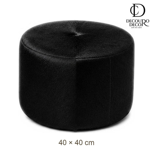 Puff Redondo em Couro Bovino Natural Preto 40x40 cm Tamanho Pequeno