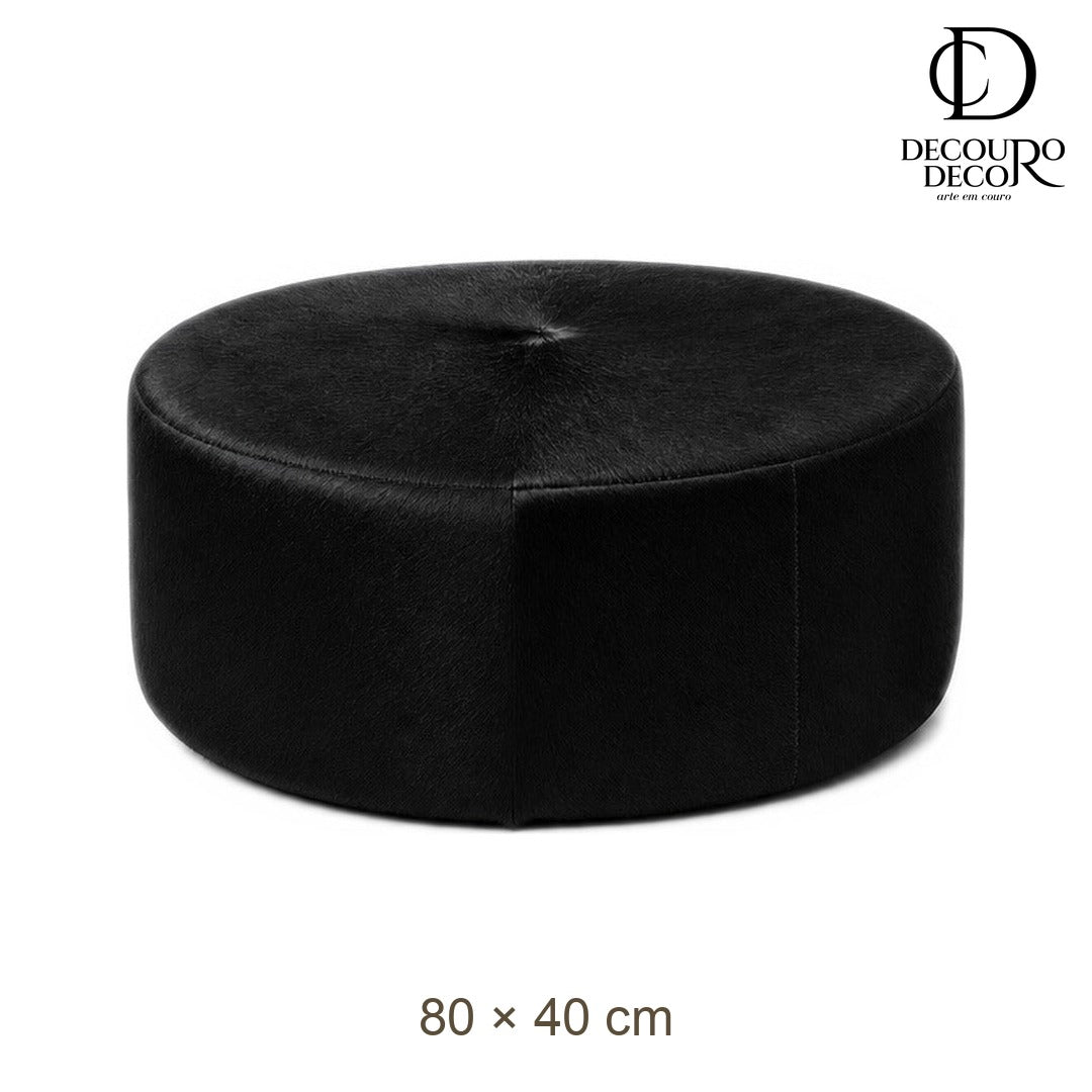 Puff de Couro Bovino Redondo Preto 80x40 cm