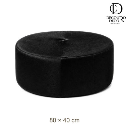 Puff de Couro Bovino Redondo Preto 80x40 cm