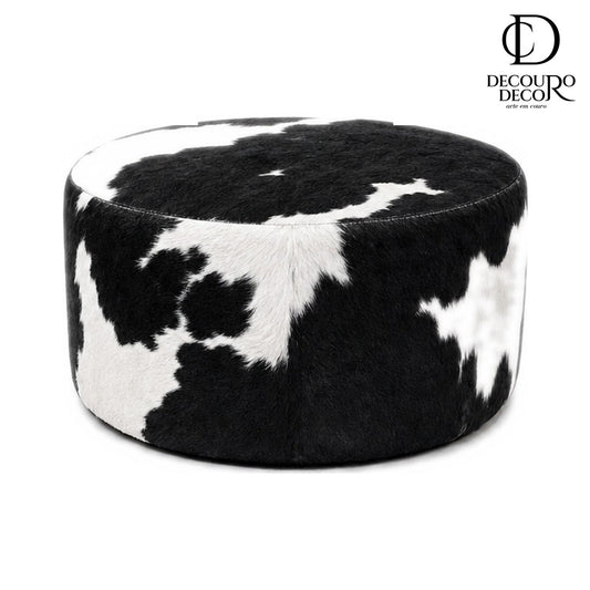 Puff de Couro Bovino Redondo Preto e Branco